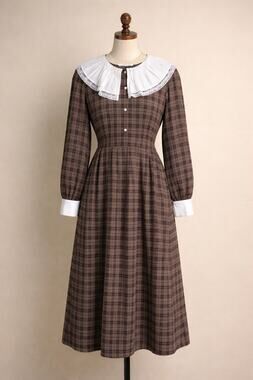 Simple Retro Brown Plaid Prairie Dress Lace Trim Oversized Collar Size L